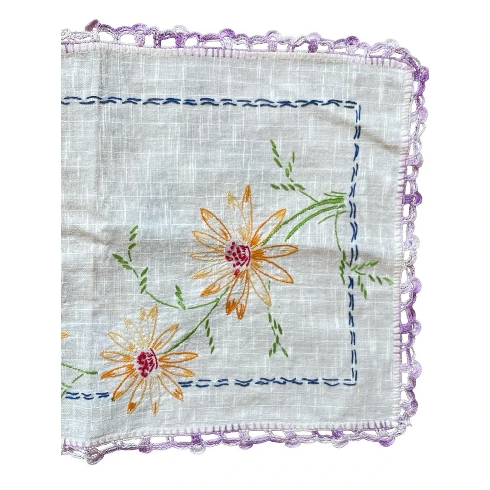 Linen Table Runner Dresser Scarf Embroidery Floral Crochet Purple Edge 36